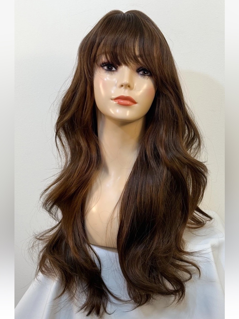25” Human Hair Blend Wig Natural Medium Brown With Bangs Heat Resistant